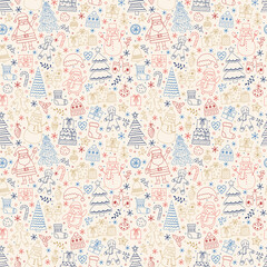 Christmas seamless pattern. Cute holiday background with cartoon ornaments. Vector illustration
