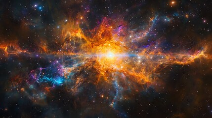 Obraz premium A bright quasar at the center of a galaxy with glowing dust and gas swirling around