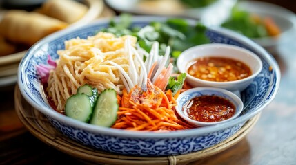 Colorful Asian Noodle Dish with Fresh Vegetables and Sauces