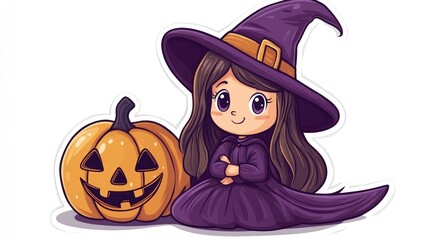 Sticker design of full body a cute Witch, on a white background, in a vector illustration style, using simple shapes, in the cute style, featuring a cute character, with a white border.