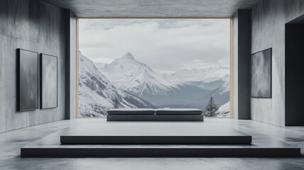 "Modern gray room featuring a panoramic window with wooden slopes, a trendy gray upholstered couch on a concrete floor, and a concrete podium for decor and artwork. Empty lime-gray frames on the wall 