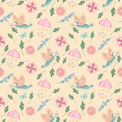 Fototapeta premium BabyShower Patterns: Flowers, balloons, butterflies, rainbow, clouds, toys, baby diapers and socks and other cute baby shower style designs for textiles, baby clothes and decor. 