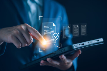 Checklist business performance monitoring concept, Business using tablet online survey filling out...