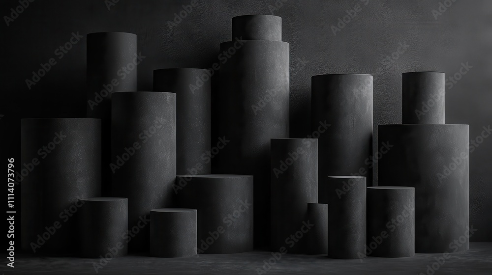 Wall mural abstract composition of dark cylindrical objects layered on a muted black surface in a minimalist st