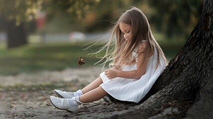 Young Girl in a White Dress Sitting Peacefully Near a Tree