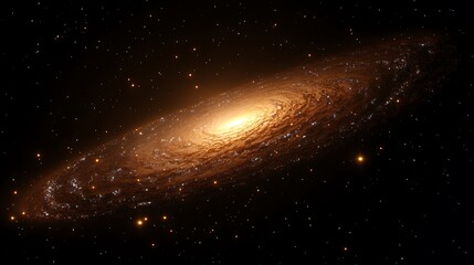 A spiral galaxy in deep space with glowing dust lanes and scattered star clusters