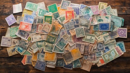 Fototapeta premium Vintage Currency Collection - A Colorful Pile of Historical Documents