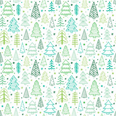 Christmas seamless pattern with cute cartoon trees and snowflakes. Wallpaper design. Vector illustration