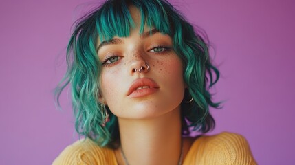 Naklejka premium Confident young woman with teal hair and septum piercing exudes individuality and style against a purple background