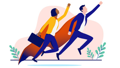 Businesspeople superheroes - Determined and ambitious businessman and businesswoman in superhero outfit heading upwards to success. Flat design vector illustration with white background