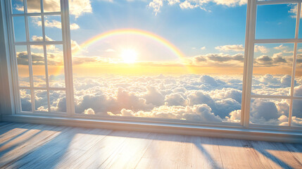 A serene view from a window showing a vibrant rainbow and a bright sunrise over fluffy clouds.