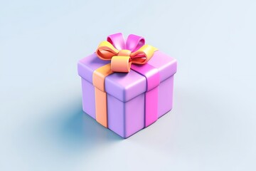 Obraz premium A purple gift box with a pink and orange ribbon bow on a light blue background.