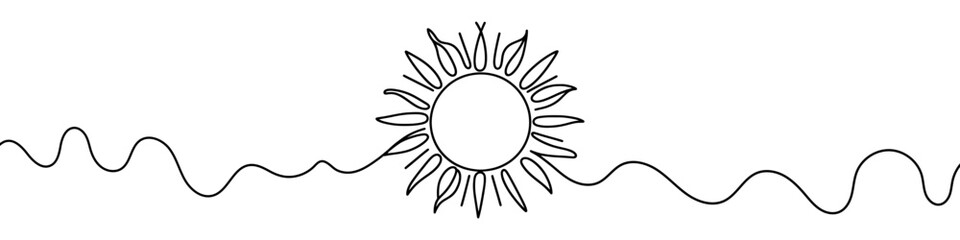 One continuous line illustration of the sun, isolated on white background. Line art of the sun