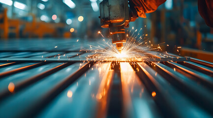 A close-up of a worker operating a cutting tool on metal sheets, producing sparks in a bright industrial setting.