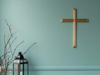 A sleek gold cross on a muted teal wall with