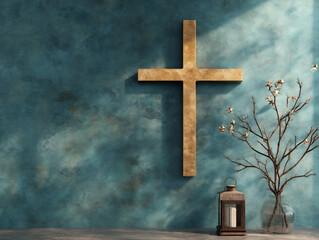 A sleek gold cross on a muted teal wall with