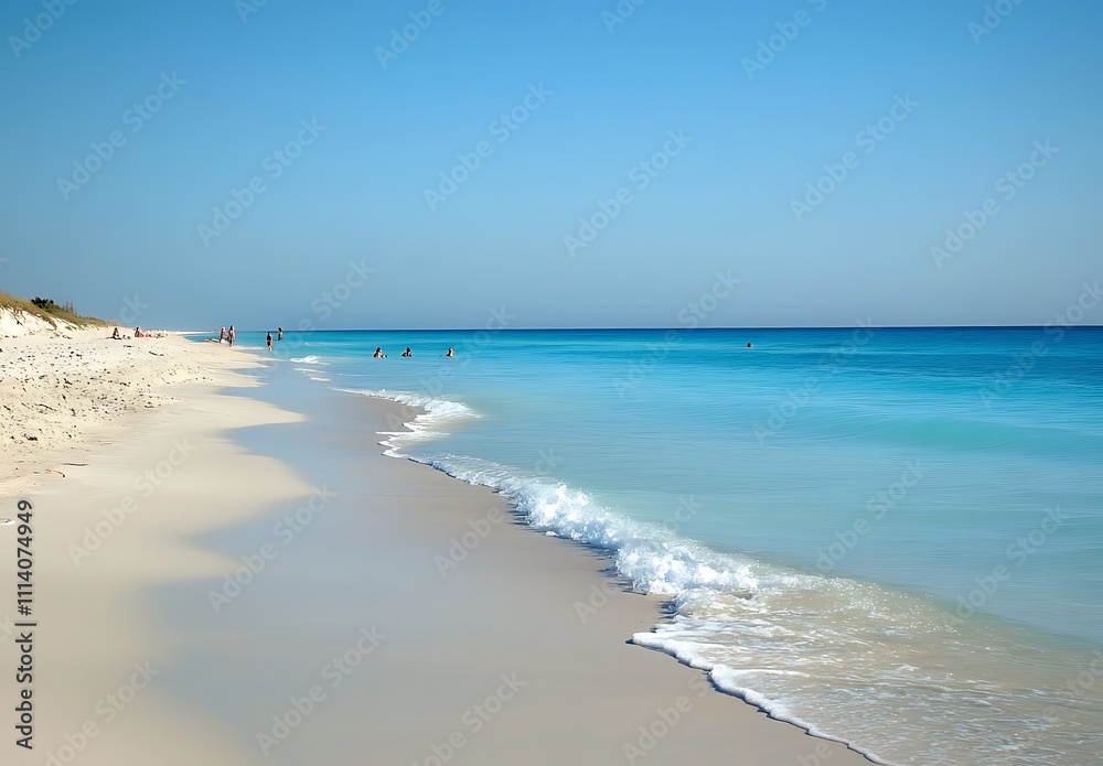 Poster a serene beach scene with gentle waves lapping at soft, sandy shores under a clear blue sky, invitin