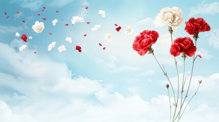 A serene image featuring vibrant red and white carnations amidst a soft blue sky with scattered petals, Ideal for floral-themed projects, greeting cards, or backgrounds to evoke beauty and peace,