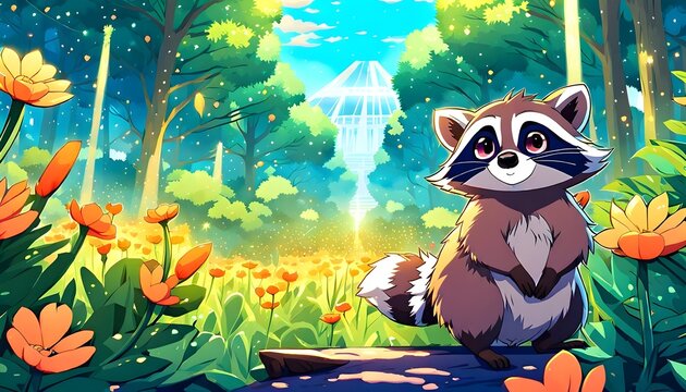 Little Raccoon with Flowers. 4k