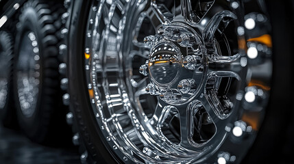 Reflective chrome wheels showcase modern design at an automotive exhibition in the city. Generative AI