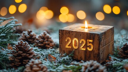 Wooden blocks with the year 2025, on a wooden surface, with a blurred green background.
