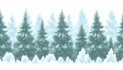 Obraz premium Serene winter forest landscape, seamless pattern of stylized evergreen trees in soft teal and white, ideal for holiday or nature-themed designs.