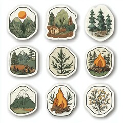 Scout badge collection stickers for kids, nature theme, clipart with white backgroun