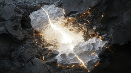 A radiant white void erupts from a massive rock, splitting it with glowing cracks.