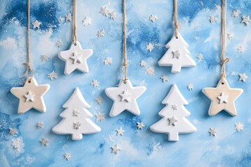 Watercolor light blue background with stars and hand-painted wooden Christmas tree ornaments, paper texture visible, festive and holiday design.