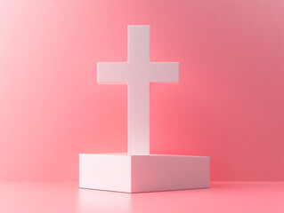 Obraz premium A white cross on a pastel pink background wit