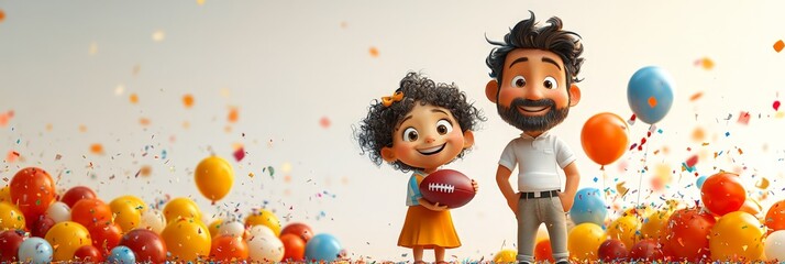 Naklejka premium A father and his daughter enjoying a festive moment with balloons and colorful confetti. The joy of family and celebration.