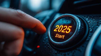 A hand presses the start button of a car labeled “2025 START”. symbol of starting the year 2025
