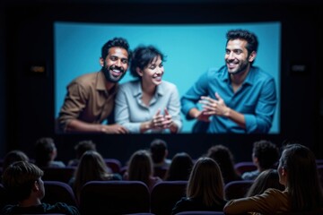 Obraz premium Film on a theater screen with audiences watching. Engaging and immersive cinematic experience shared by diverse group of viewers.