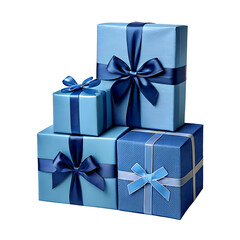 Blue gift boxes PNG isolated on transparent background 2025 - shiny gold ribbon, festive present for birthday, Christmas, New Year, Valentine's, anniversary, event mockup, holiday download