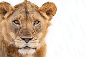 Studio photo of a lion isolated against a white background. Wildlife and conservation concept,...