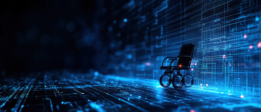 Disability wheelchair workplace diverse team concept. A digital scene featuring a wheelchair against a futuristic, glowing background of lines and patterns, symbolizing technology and accessibility.
