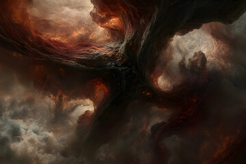 Abstract fiery nebula, cosmic cloudscape, fiery vortex, digital art, dark fantasy, infernal landscape, fiery swirls, cosmic texture, otherworldly atmosphere.