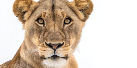 Obraz premium Studio photo of a lion isolated against a white background. Wildlife and conservation concept, space for copy.
