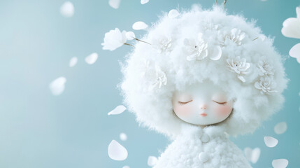 Obraz premium An elegant doll figure with intricate white flower details on a fluffy outfit, set in a soft blue background with floating petals, capturing a dreamy ambiance. 