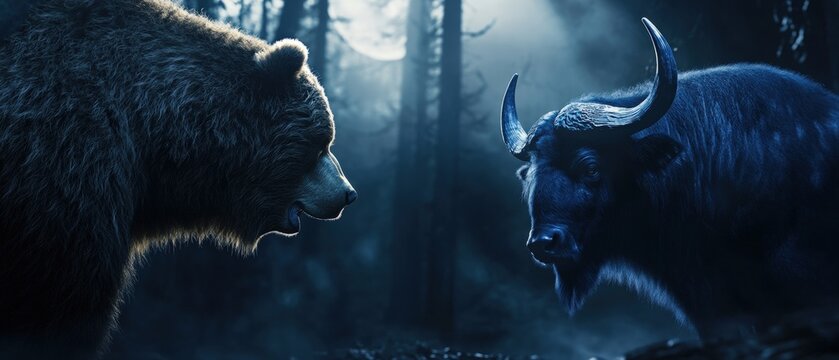 bear and bull animals facing each other in a misty forest, symbolizing market volatility and investor sentiment in the stock market. concept of investment strategies. - Powered by Adobe