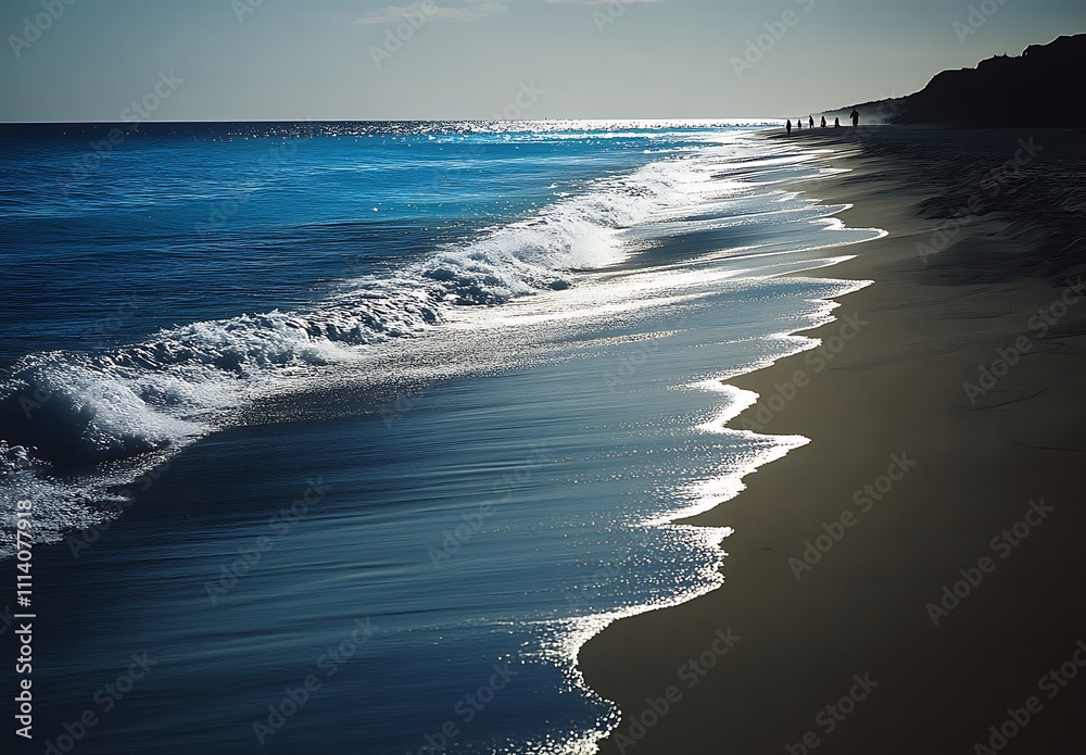 Poster a serene beach scene at sunset, featuring gentle waves lapping at the shore, creating a tranquil atm