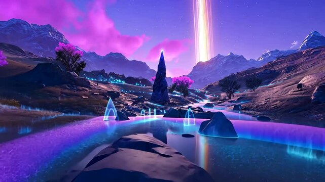 Futuristic Landscape With Glowing River, Pink Clouds, and Mountains