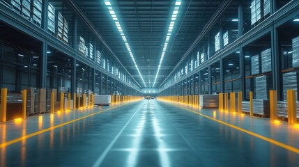 Sustainable warehouse featuring energy-efficient lighting, eco-friendly materials, and automated systems promoting environmentally-conscious operations.