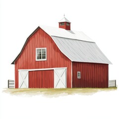Illustration of a classic red barn with a white roof, showcased from the front against a white background, ideal for a farm-themed design.