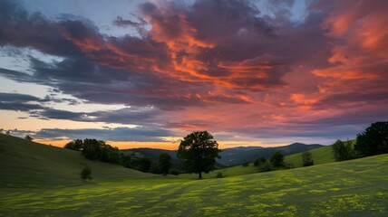 Fototapeta premium Rolling hills with lush green grass under a dramatic sky.