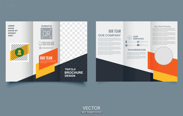 Orange trifold brochure with geometric shapes. For presentation and printing.