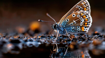 Obraz premium A close-up of a blue butterfly with vibrant orange and white patterns, perched delicately on a wet surface with reflections, showcasing its natural beauty. 
