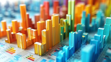 Colorful 3D bar charts on financial report, depicting growth and data analysis.