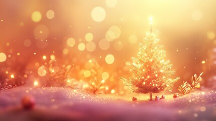 A stunning Christmas tree adorned with sparkling lights, a glowing golden star on top, and shimmering decorations. The tree is surrounded by a festive bokeh background.