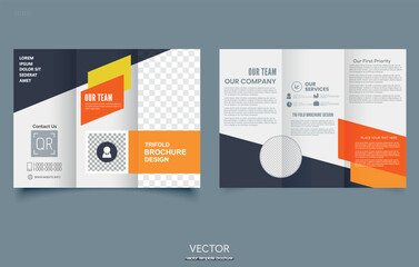 Orange trifold brochure with geometric shapes. For presentation and printing.
